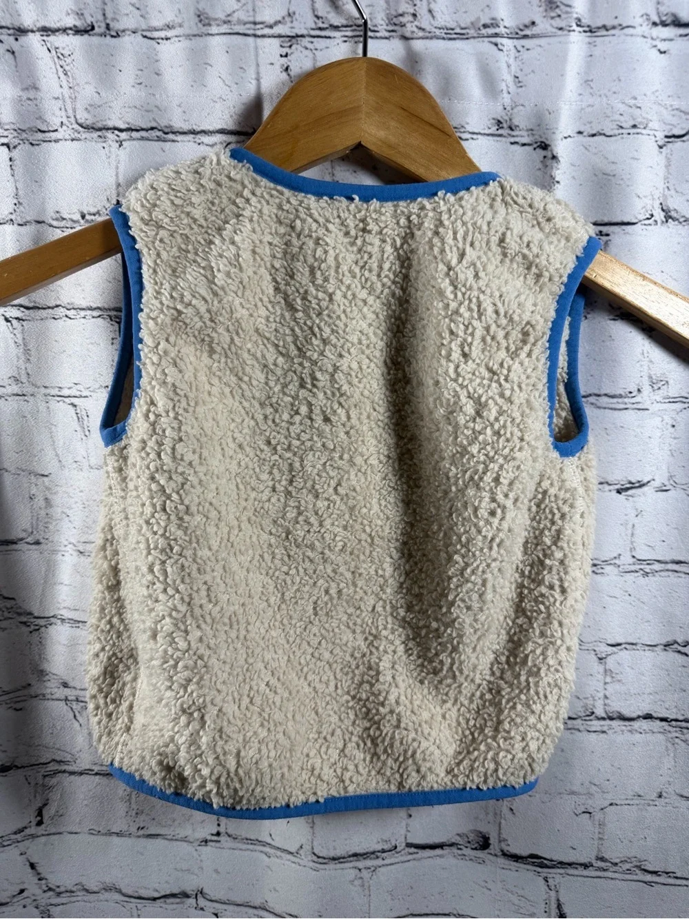 Baby Boden Cream Sherpa Vest with Blue Trim